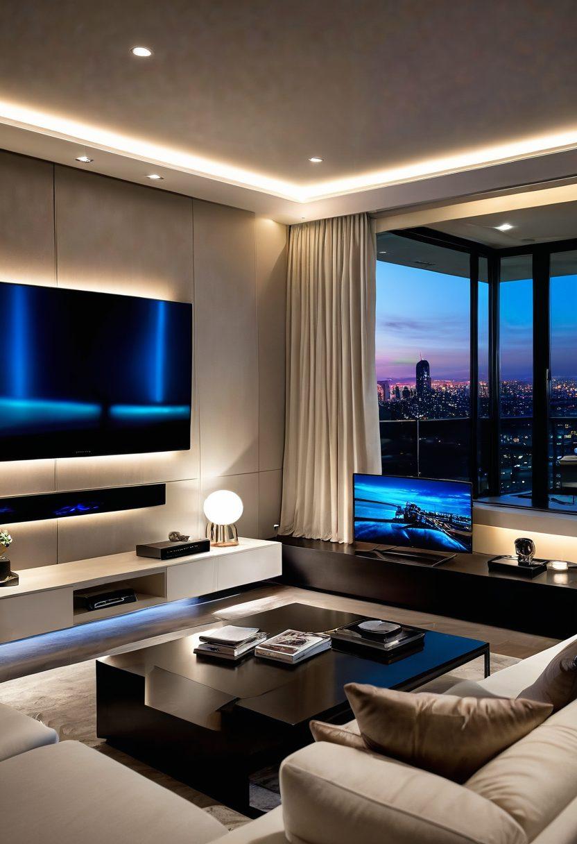 A sleek, modern living room setup featuring a high-definition screen displaying vibrant adult content. Soft, ambient lighting creates an inviting atmosphere, with plush seating and luxurious decor. Subtle hints of digital technology, like VR headsets and a stylish streaming device, are present. The focus should be on the comfort and indulgence of a premium viewing experience. super-realistic. vibrant colors. contemporary style.